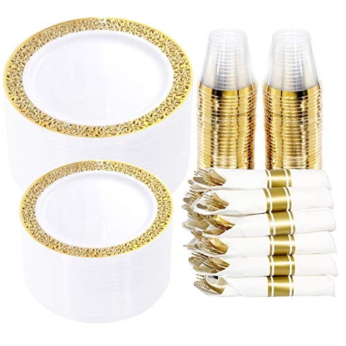 Juego De Vajilla Wellife Gold Plastic 350 Piezas Con Servilletas