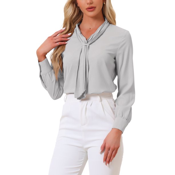 INSPIRE CHIC Blusas de Mujer de Manga Larga Chiffon Plisado con Lazo Cuello Camisa de Oficina S Gris Claro
