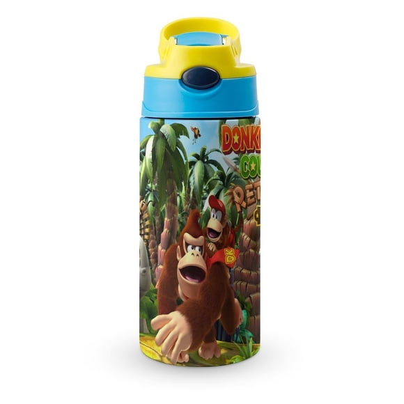 Donkey Kong Country Botella de Agua con Tapa Pop Top de Un Toque, Acero Inoxidable, a Prueba de Fugas, para Deportes, Botella Infantil azul 12 oz
