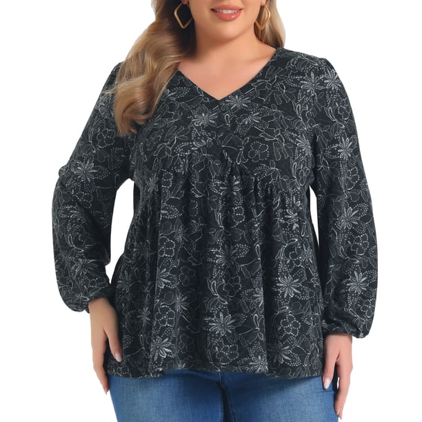 GRACIA Y GRANDEZA Blusas de Talla Grande para Mujer con Estampado Floral Cuello en V Mangas de Linterna Cuello Redondo Tejido Casual Suelto Tops Babydoll 1X Negro