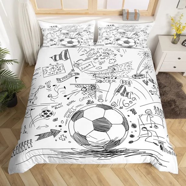 Football Duvet Cover Set Hand Drawn Sketch Soccer Sports Bedding Set for Boys Teens Men Twin Comforter Cover Bed Sheets