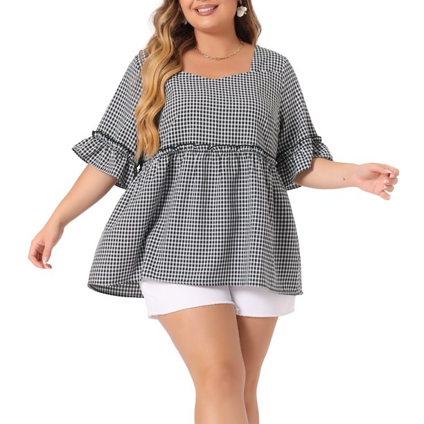 Blusa de Talla Grande para Mujer de Agnes Orinda con Manga Corta, Escote Corazón, Cuadros y Peplum 1X Negro