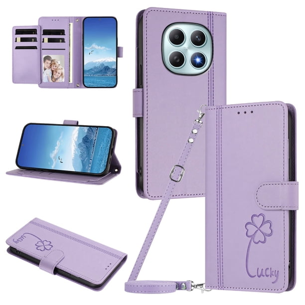 Funda Cartera Trébol para Xiaomi Redmi Note 15 4G/5G con Ranuras Tarjetas y Carga Inalámbrica Morado claro