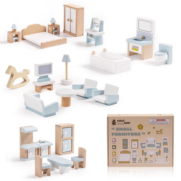 Juego de muebles para casa de muñecas ROBUD de madera, 23 piezas, 5 habitaciones, más de 3 años