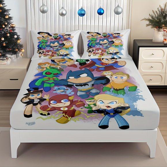 Justice League Q Version Hero Assembled Fitted Sheet Superman Batman Wonder Woman Classic Comic Image Reappears Pattern Mattress Protector Elastic Design Bed Sh