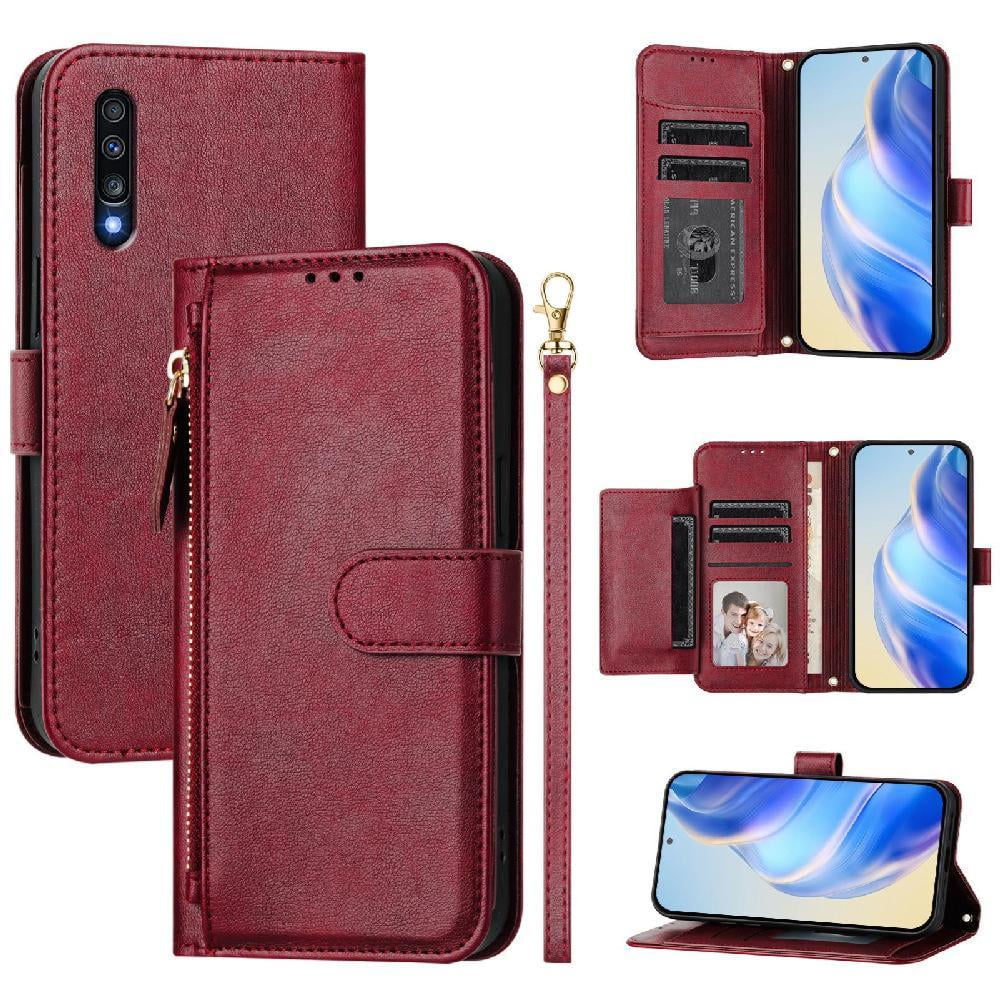 Foxdock - Funda Tipo Billetera Para Samsung Galaxy A70/a70s Con Cremallera Portatarjetas Soporte Correa De Muñeca Cuero Rojo