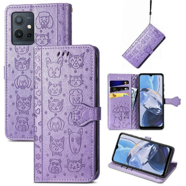 Funda Cartera FOXDOCK para MOTO E22 4G , Flip PU con Relieve de Gatos y Perros, Tarjetero y Soporte