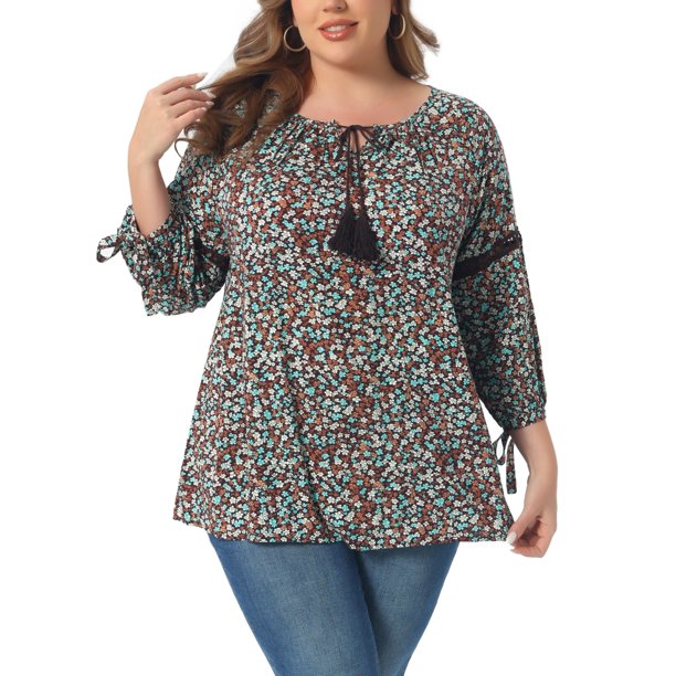 Agnes Orinda Blusa de Mujer Talla Grande para el Día de San Valentín con Mangas 3/4, Cuello con Lazo, Diseño Hueco, Estilo Campesino para Primavera y Otoño, Talla 3X, Color Marrón Oscuro