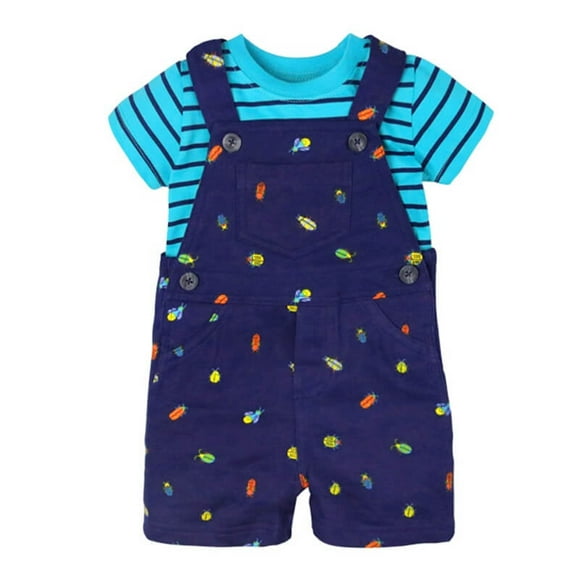 Conjunto Jardinera + Polera Bebes - Niño 6M Azul con Polera celeste de rayas