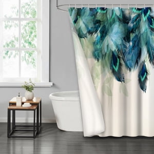 Lvrlvr 1 Pieza Cortina De Ducha Con Plumas De Pavo Real Verde Azulado + 12 Ganchos De Tipo C, Tamaño 180X180 Cm
