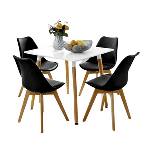Klik Muebles - Comedor Mesa Eames Cuadrada Blanca + 4 Sillas Tulip Negras