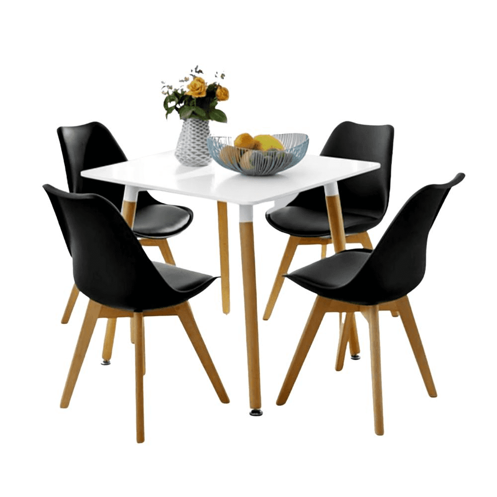 Klik Muebles - Comedor Mesa Eames Cuadrada Blanca + 4 Sillas Tulip Negras