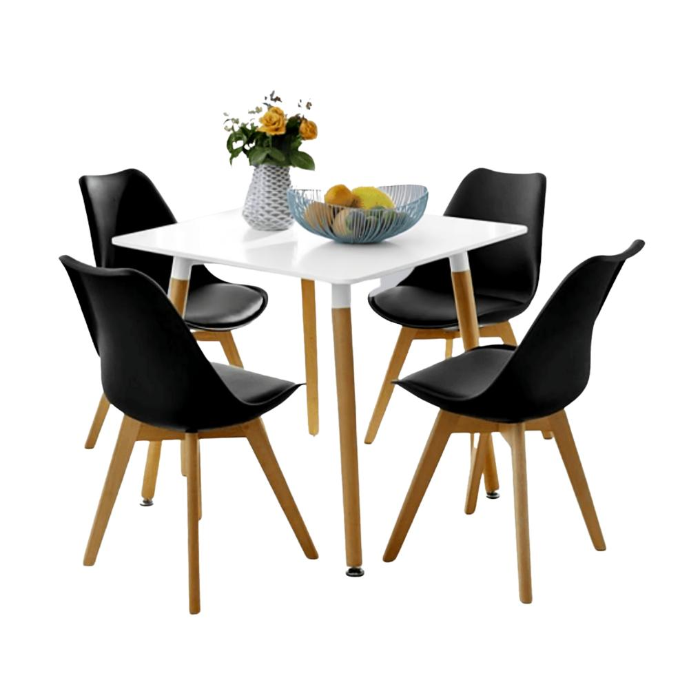 Klik Muebles - Comedor Mesa Eames Cuadrada Blanca + 4 Sillas Tulip Negras