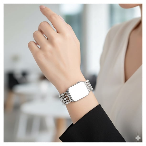 Correa Glamorous Silver Beaded para Apple Watch Diseño Elegante Estilo Exclusivo Compatible 42/44 mm para uso diario