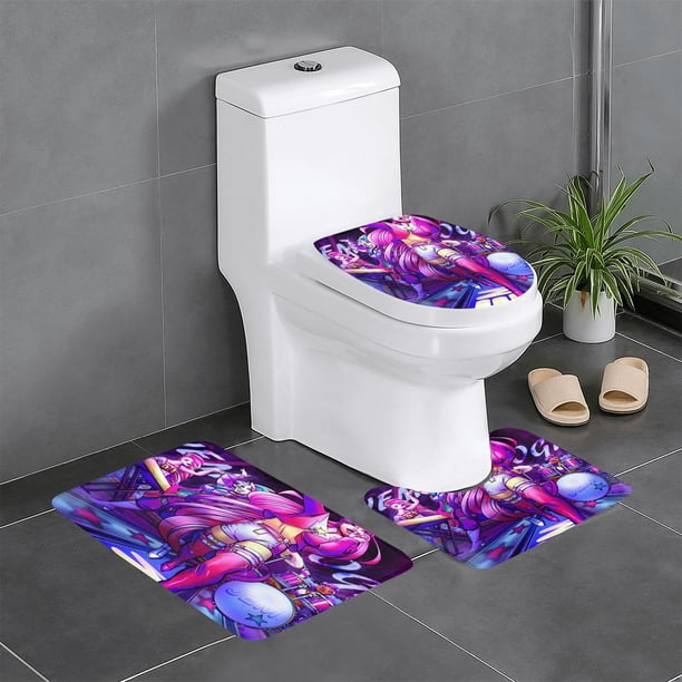 Jem y las Hologramas Juego de 3 alfombras de baño de coral fleece: tapete de baño + alfombra de inodoro en forma de U + funda de tapa de inodoro en forma de O
