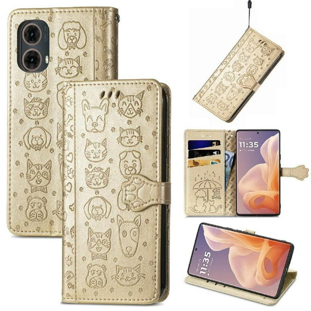 Funda Cartera FOXDOCK para Motorola Moto G45 , Flip PU con Relieve de Gatos y Perros, Tarjetero y Soporte
