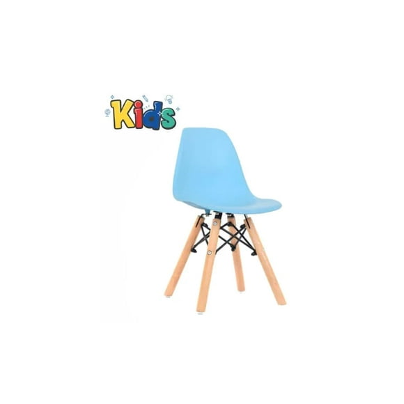 Silla infantil celeste de polipropileno con patas de madera