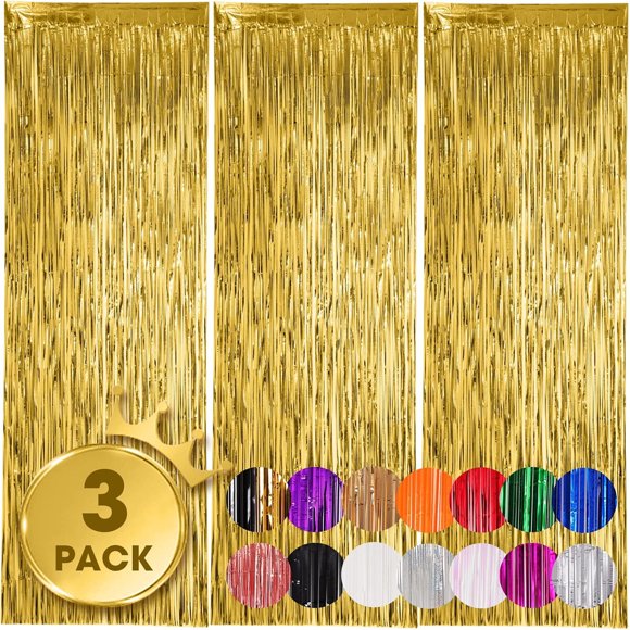 Cortina de Flecos Metalizados Voircoloria, Pack de 3, 3.3 x 8.2 ft, Oro