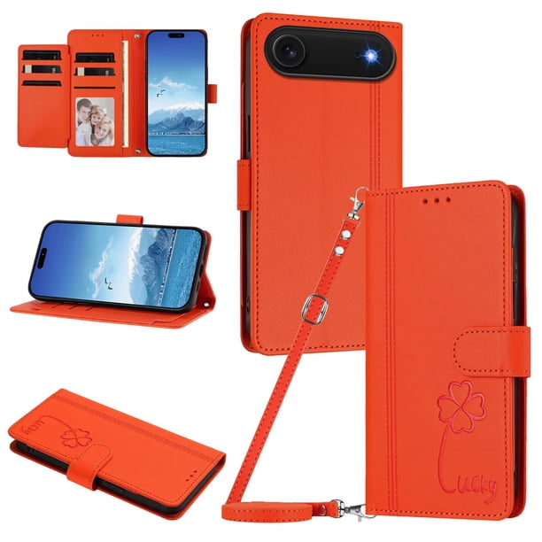 Funda Cartera Trébol para iPhone Air con Ranuras Tarjetas y Carga Inalámbrica Naranja