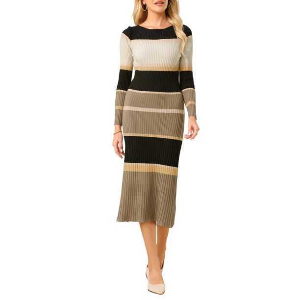 INSPIRE CHIC Vestido de Punto a Rayas para Mujer de Manga Larga Casual de Trabajo Ajustado M Caqui
