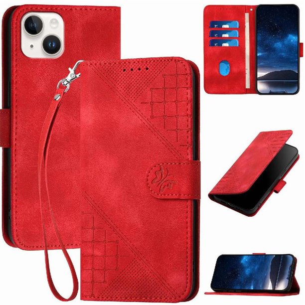 Funda Flip Premium Fibra de Carbono para iPhone 14 Plus con Soporte y Cierre Rojo