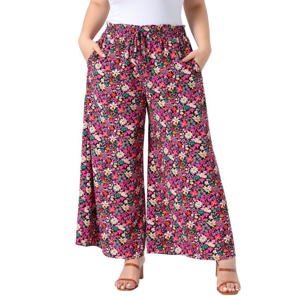 Pantalones Anchos de Pierna Floral de Talla Grande para Mujer de Agnes Orinda, con Lazo Frontal, Estilo Boho, Fluidos, Casuales, de Playa, con Bolsillos 1X Negro Rosa