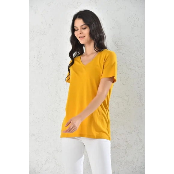 Polera Mujer Amarillo Manga Corta Cuello V Talla S