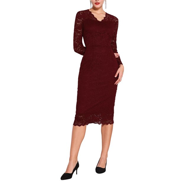 INSPIRE CHIC Vestido de Mujer Cuello en V Encaje Floral Transparente Manga Larga Midi Vestido de Cóctel S Rojo Vino