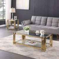 M&Ms - Woker Furniture 48"" Wide Rectangular Coffee Table With Glass Top, Golden Stainless Steel Double-Layer Coffee Table For Living Room