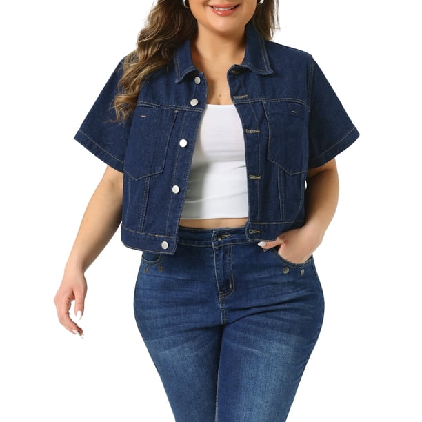 Agnes Orinda Chaqueta de Mezclilla Recortada para Mujer de Talla Grande para Escuela o Universidad, Clásica con Solapa, Manga Corta, Abotonada, Lavada, Casual con Bolsillo 1X Azul Oscuro