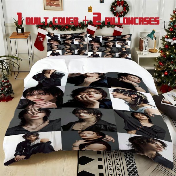 3pcs K POP Hyunjin Photo Collection Printed Bedding Set Soft Duvet Cover with 2 Pillowcases All Season Comfort