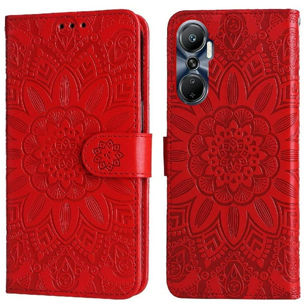 Funda tipo cartera FOXDOCK para Infinix Hot 20 4G , diseño girasol en relieve, cuero PU, cierre magnético, soporte y tarjetero