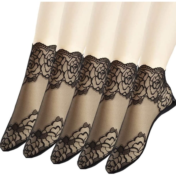 Calcetines tobilleros de encaje para mujer - 5 pares de calcetines con volantes - Calcetines tobilleros de rejilla para mujer