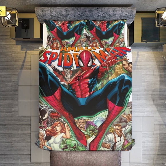 The Amazing Spiderman 3 Piece Sets Full/Queen Size - Reversible Microfiber Quilts with 2 Shams Soft Lightweight Bedspread Coverlet Comforter for All Season Bed Sheets