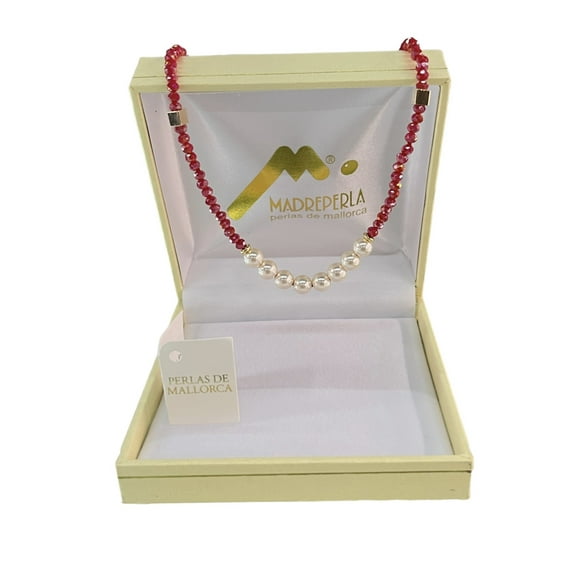 Collar de Perlas de Mallorca Con Cristales Color Rubí