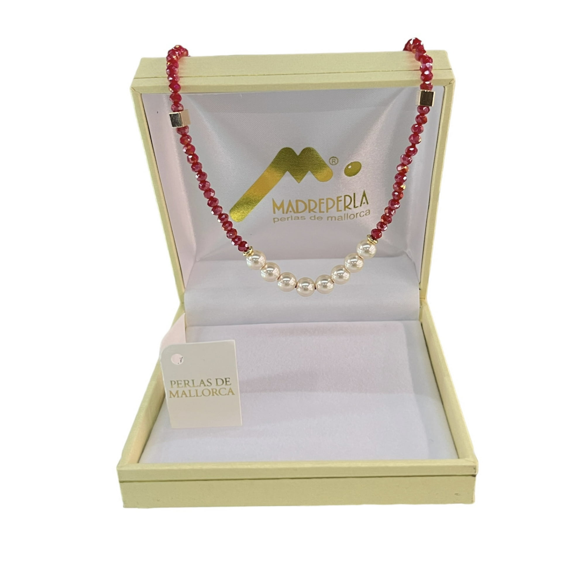 Collar De Perlas De Mallorca Con Cristales Color Rubí