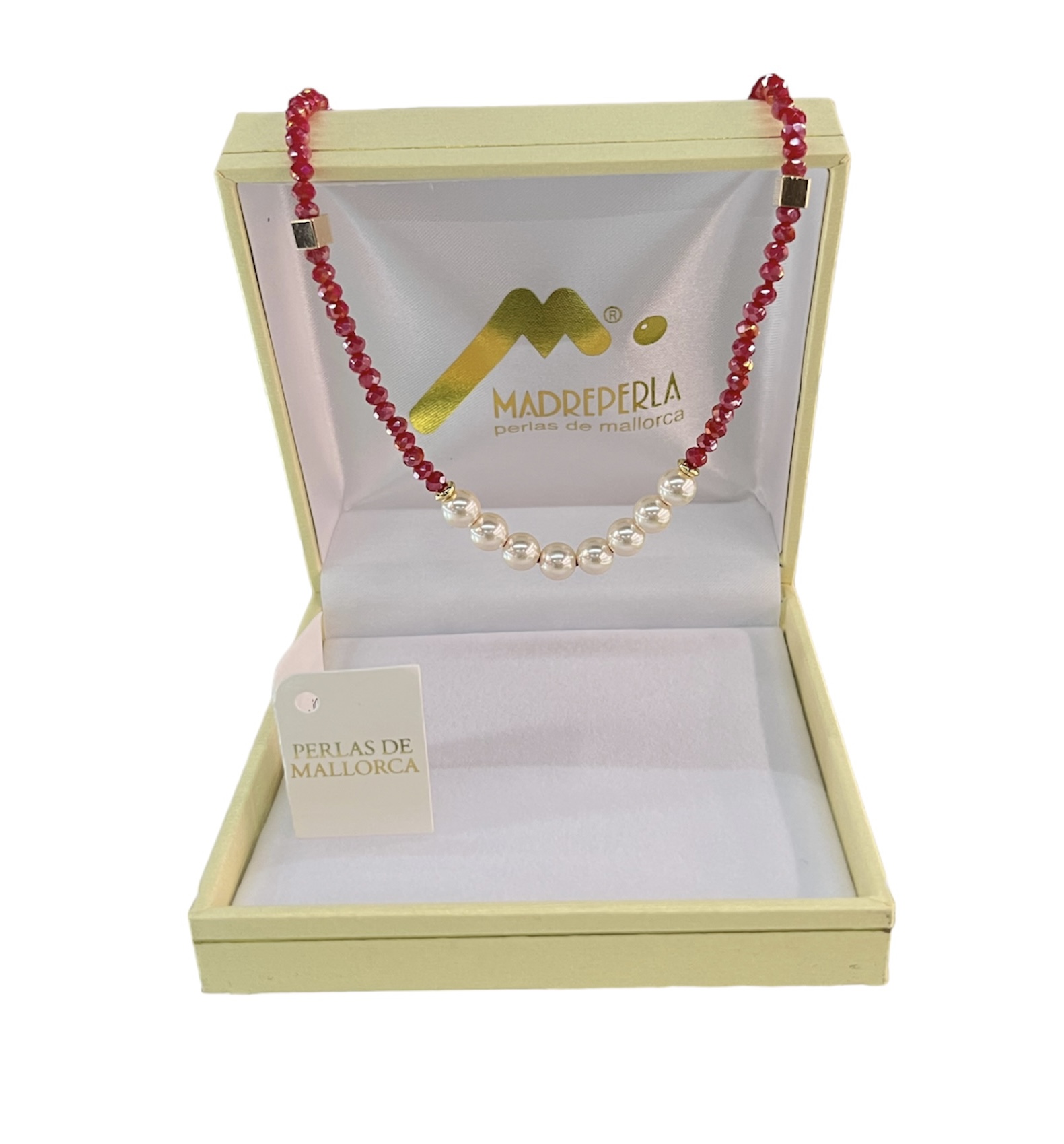 Collar De Perlas De Mallorca Con Cristales Color Rubí