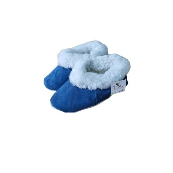 Pantufla de lana natural y reno azúl