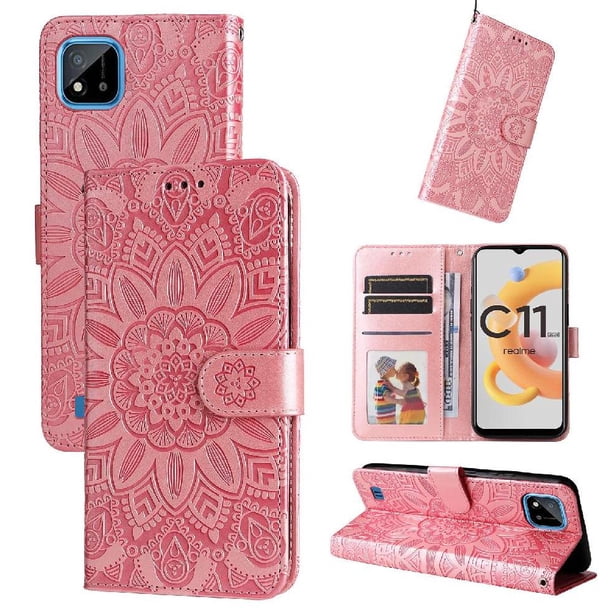 Funda tipo cartera FOXDOCK para Realme C11 , diseño girasol en relieve, cuero PU, cierre magnético, soporte y tarjetero