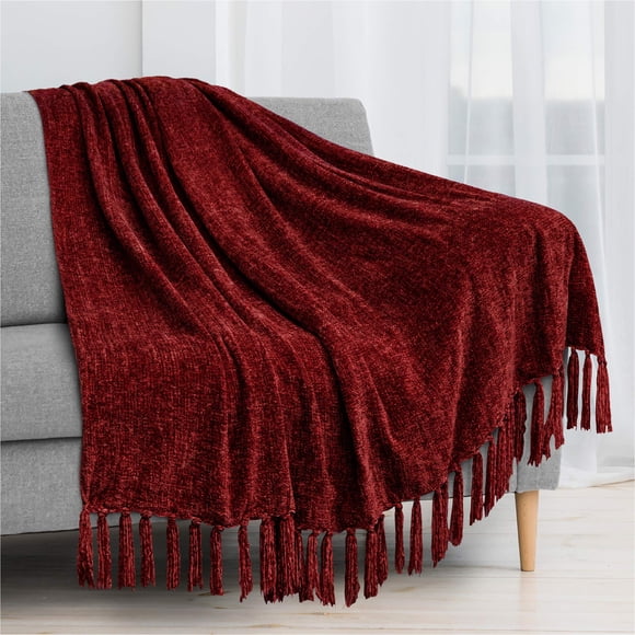 Manta PAVILIA de chenilla roja borgoña, 100% poliéster