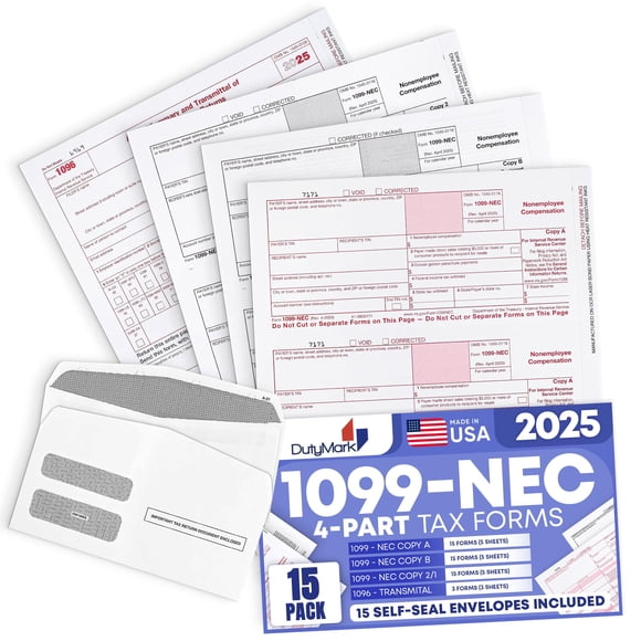 Formularios de impuestos Dutymark 1099 NEC 2025 con sobres, paquete de 15