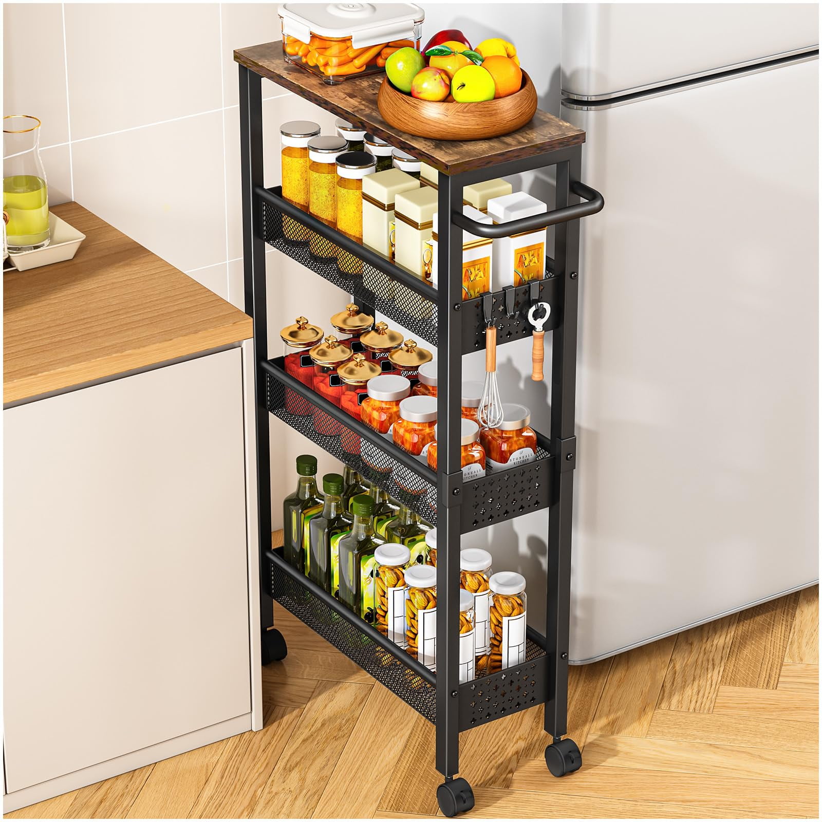Carrito De Almacenamiento Vivihomety Utility De 4 Niveles Con Ruedas Y Asa, Color Negro
