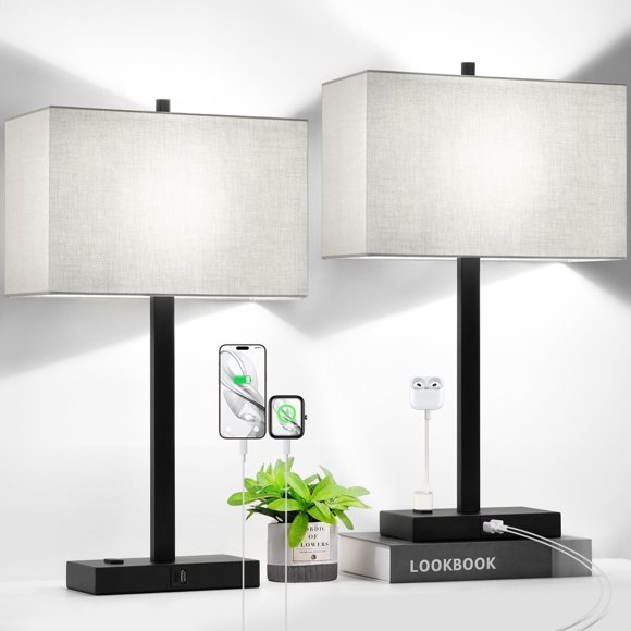 Lynnoland Set of 2 Touch Control Table Lamps with 2 USB AC