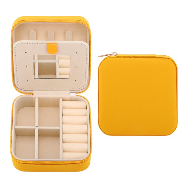 Caja de Joyas de Viaje Mini REGALWOVEN con Espejo para Mujeres, Organizador Portátil de Joyas Estuche de Almacenamiento y Exhibición para Pendientes Anillos Amarillo