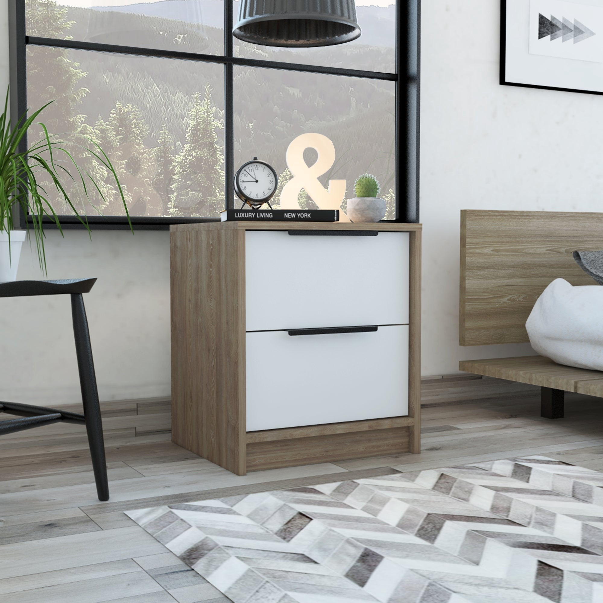 Tuhome - Velador Kaia 2 Cajones Miel Y Blanco 48x41x36 Cm