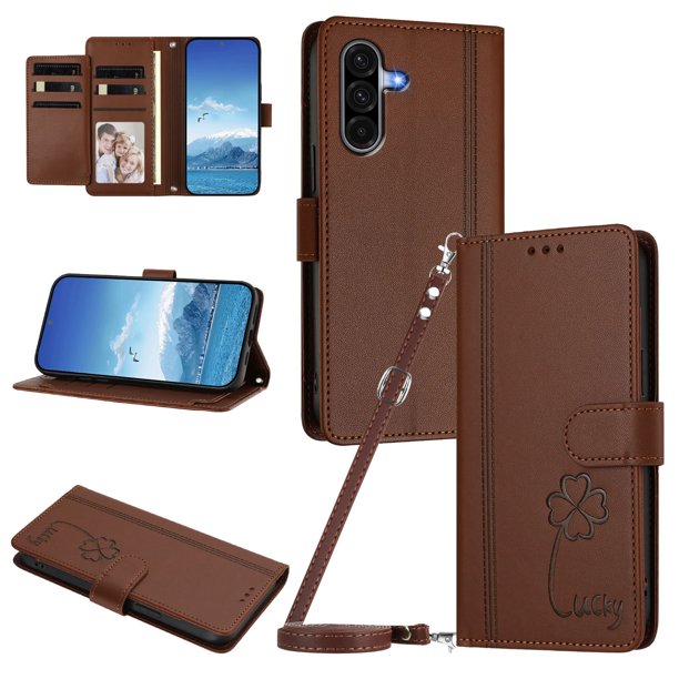 Funda Cartera Trébol para Samsung Galaxy A26 con Ranuras Tarjetas y Carga Inalámbrica Marrón