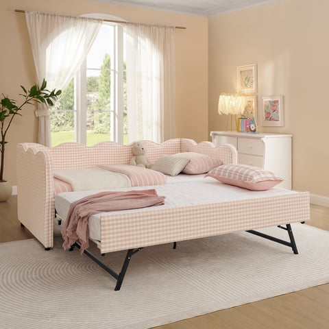 M&Ms - Cozy Gingham Daybed With Trundle Twin Size Sofa Bed No Box Spring Needed, With Usb Port And Adorable Wave Shaped, Linen Fabric, Pink