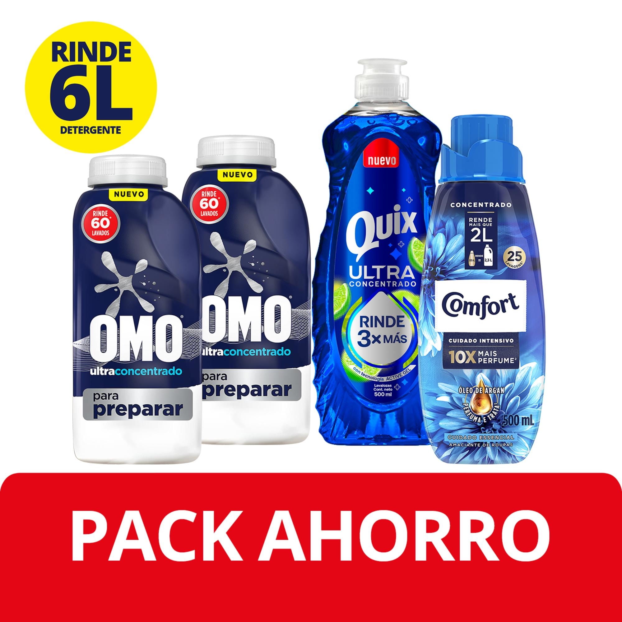 Detergente Líquido Para Preparar 2 Botellas 500ml+ Suavizante Comfort 500 Ml Rinden 2 Lt + Quix Ultra Pack L g Omo