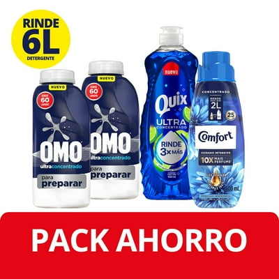 Detergente Líquido Para Preparar 2 Botellas 500Ml+ Suavizante Comfort 500 Ml Rinden 2 Lt + Quix Ultra Pack L G Omo