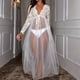 thumbnail image 1 of Bridal Contrast Lace Mesh Dress, See Through Long Sleeve Deep V Babydoll, Women's Sexy Lingerie & Underwear, 1 of 3